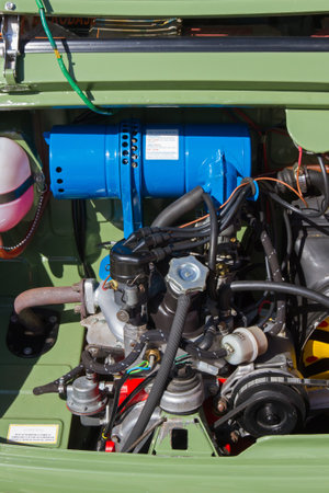 LEON, SPAIN - APRIL 27, 2014  Engine of a Classic Car Seat 600 at the XIV International Concentration  SEAT 600 of LeoÌn  Vehicle manufactured in Spain between 1957 and 1973のeditorial素材