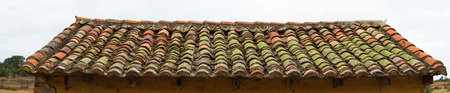 Panoramic Roof tiles filled with old moss and lichens in a stand of adobe and sky background