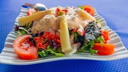Vegetable Salad with asparagus and Octopus, With Mayonnaise Sauce, Tomato, Lettuce, Escarole, Olives, Crab Sticks, on square ceramic plate on blue tableclothの写真素材