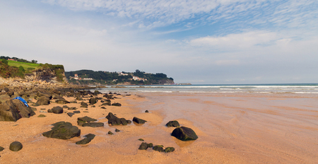 Panoramic view of the beach in the Cantabrico Sea, north of Spain with strut. Playa La Griega, Asturias. Spainの写真素材