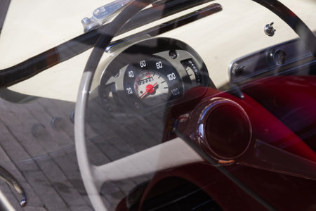 Interior view of a vehicle SEAT 600 from the window. Vehicle manufactured in Spain between 1957 and 1973のeditorial素材