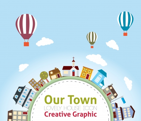 Our Town with Lovely House Icons  (hot air balloon in the sky)のイラスト素材