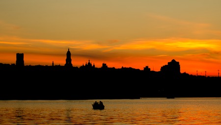 Kiev skyline at sunset, Ukraineの写真素材