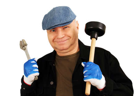 Plumber man in gloves with a wrench and plunger in hand, isolated on white background の写真素材