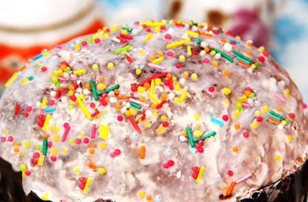 Festive Easter cake in the icing sugar, close-up 