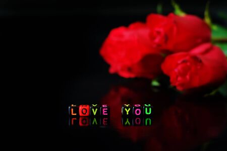 Alphabet letter plastic blocks tile Love You on blurred roses and black background.の写真素材
