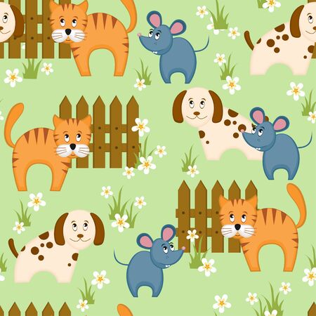 Village style seamless background with dog, cat and mouseのイラスト素材