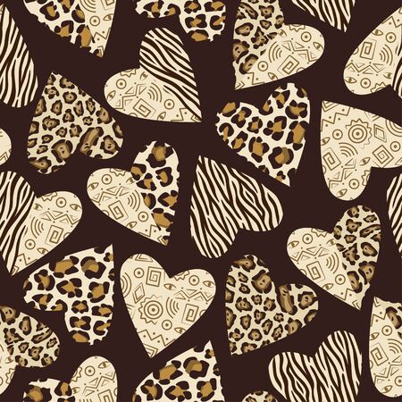 Seamless background with hearts with animal skin pattern.のイラスト素材