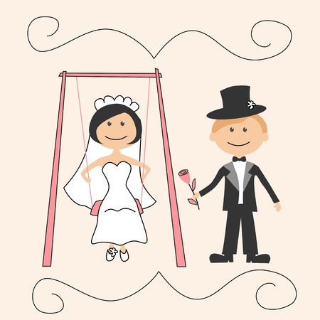 Wedding invitation with funny groom and bride on swingのイラスト素材