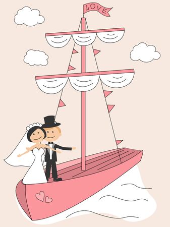 Wedding invitation with funny bride and groom in sailfishのイラスト素材