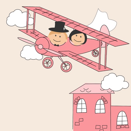 Wedding invitation with  funny bride and groom on airplane のイラスト素材