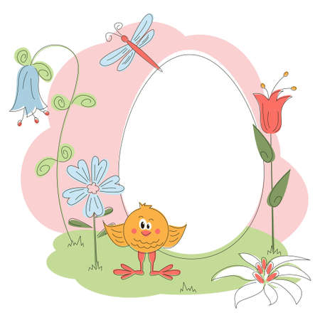 Easter greeting card with chicken and flowersのイラスト素材