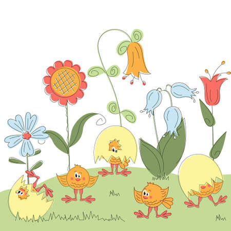 Easter Card with cartoon chicken and flowersのイラスト素材
