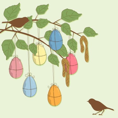 Easter Card with branch , eggs and birdsのイラスト素材