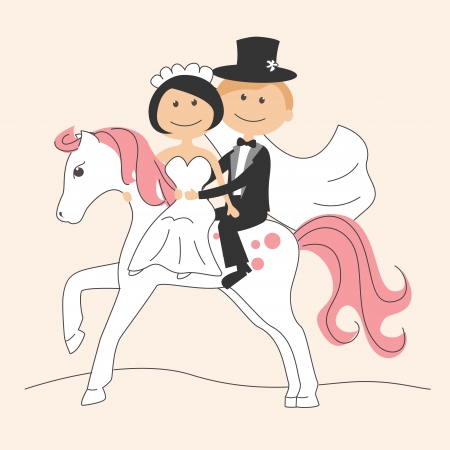 Wedding invitation with funny bride and groom on a  horseのイラスト素材