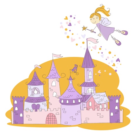 Vector illustration of a fairy with magic wand and princess castle のイラスト素材