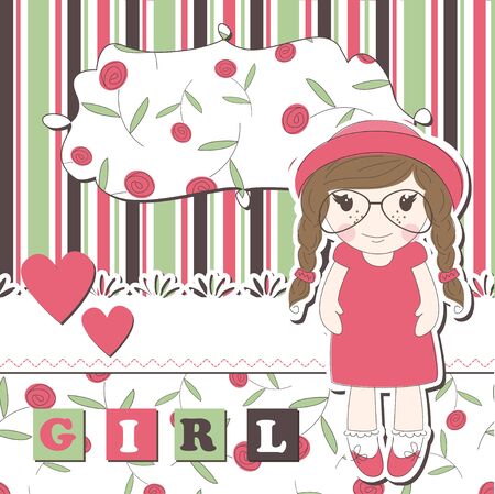 Invitation or greeting scrapbook card with a cute girl in glassesのイラスト素材