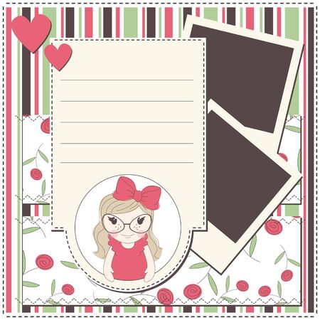 Girl greeting card with a cute girl , photo frame and place for textのイラスト素材