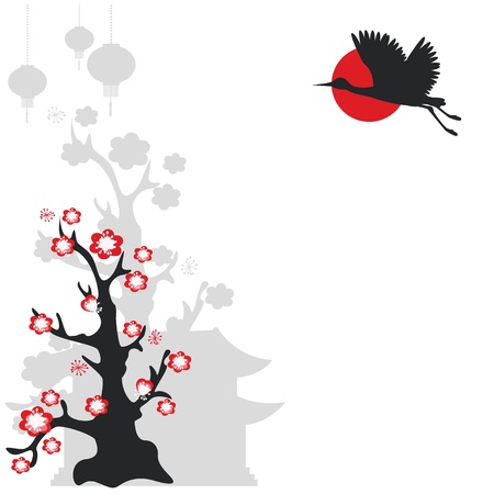 Illustration with  flying crane bird and flowering treeのイラスト素材