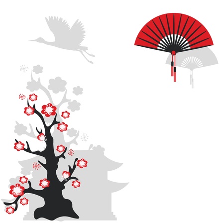 Illustration with  flying crane bird, Chinese fan and flowering treeのイラスト素材