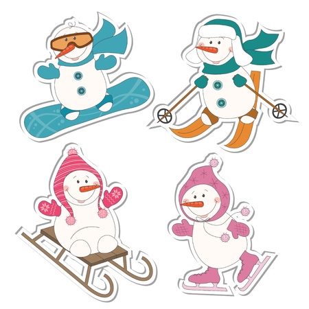  Winter sport  snowman, sled, skates, skis,snowboard, isolated on whiteのイラスト素材