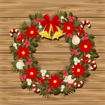  Christmas wreath  on a wood backgroundのイラスト素材