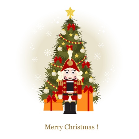 Christmas greeting card with Christmas Tree and nutcrackerのイラスト素材