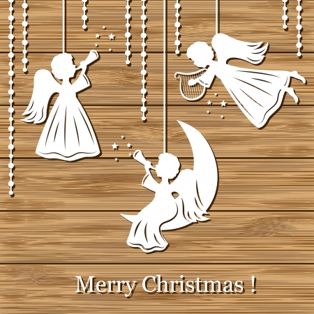 Christmas background with angels cut of paper on woodのイラスト素材