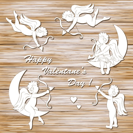 Happy valentine s day, set of cupid on a wood backgroundのイラスト素材