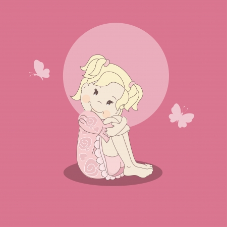 Cute little girl sitting, hand drawing illustration on pink backgroundのイラスト素材