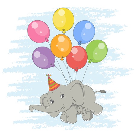 Happy Birthday card . Colorful illustration with cute flying elephant  on a balloons . のイラスト素材