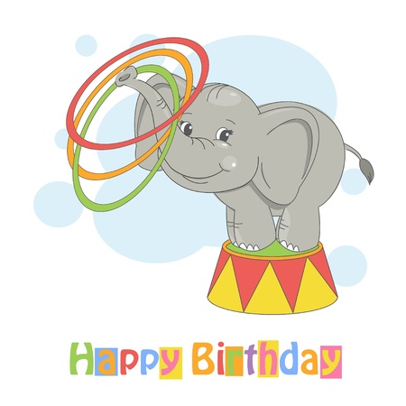 Happy Birthday  Colorful illustration of cute elephant playing with toy hoop のイラスト素材