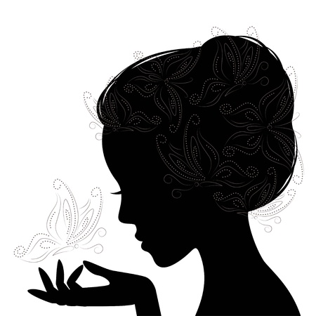 Profile woman silhouette with butterfly  Hand drawing illustration on white background のイラスト素材