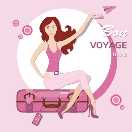 Happy travel  Beautiful young woman sitting on travel bagのイラスト素材