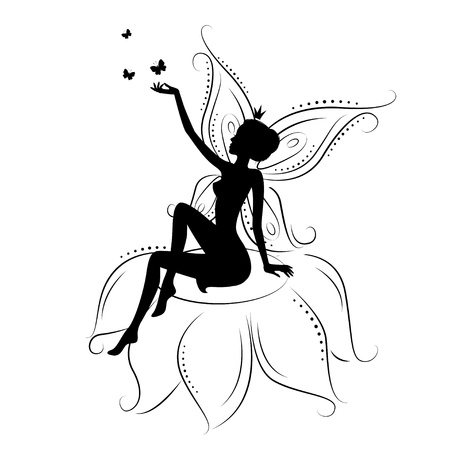 Beautiful fairy. Silhouette of a fairy on flowers with butterfly. Vector illustration isolated on white background.のイラスト素材