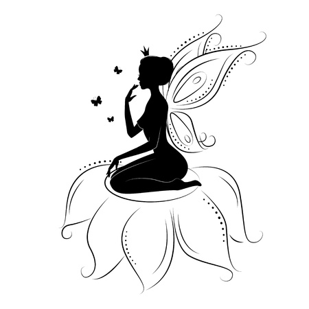 Beautiful fairy. Silhouette of a fairy on flowers with butterfly. illustration isolated on white background.のイラスト素材
