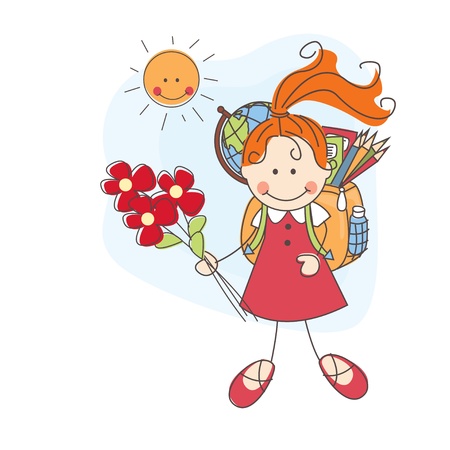 Back to school  Girl with flowers goes to school  Colorful illustration のイラスト素材