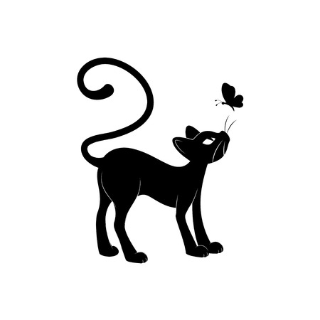 Black cat silhouette. Hand drawing illustration isolated on white background.のイラスト素材