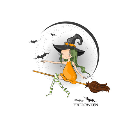 Happy Halloween! Halloween witch fy on the broom. Vector illustrationのイラスト素材