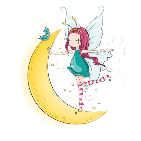Cute Christmas fairy dancing on the moon. のイラスト素材