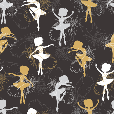 Pattern with silhouette of ballerinas and feather of swan. Retro seamless pattern. Hand drawn illustration.のイラスト素材
