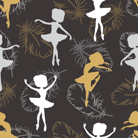 Pattern with silhouette of ballerinas and feather of swan. Retro seamless pattern. Hand drawn illustration.のイラスト素材