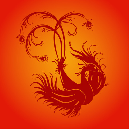 Silhouette of phoenix bird. Red fenix. Symbol of immortality. Fiery bird.のイラスト素材