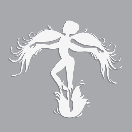 Silhouette of beautiful fairy. Template fairy for cut of laser or engraved. Stencil for paper, plastic, wood, laser cut acrylic. Decoration for windows, wall and interior design.のイラスト素材