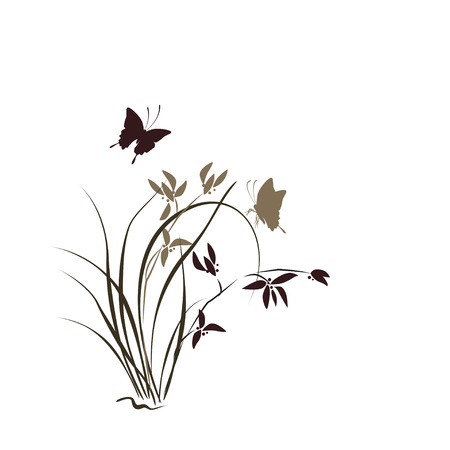 Hand drawn illustration with orchid and butterfly. Vector isolated on white.のイラスト素材