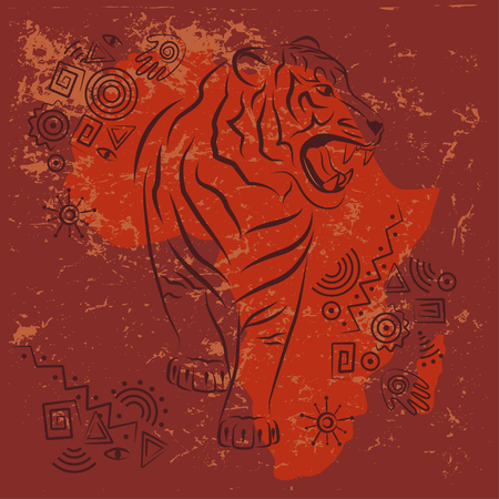 Tribal African design. Silhouette of angry tiger. Ethnic and ancient ornament.のイラスト素材
