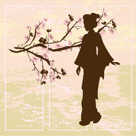 Asian woman. Oriental style painting. Hand drawing illustration with silhouette of a geisha and Chinese Plum tree.のイラスト素材