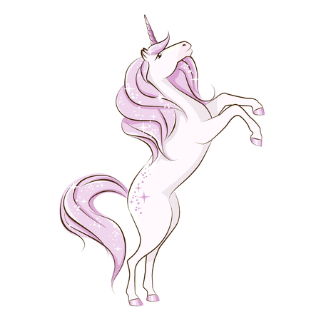 The beautiful magical unicorn stand on its hind legs. Hand drawing illustration isolated on white background.のイラスト素材