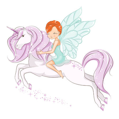 The little fairy sitting on the magical unicorn. She has red hair. She is in a gentle, air dress. Hand drawn illustration isolated on white background.のイラスト素材