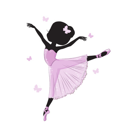 Silhouette of cute little ballerina in pink dress isolated on white background.のイラスト素材